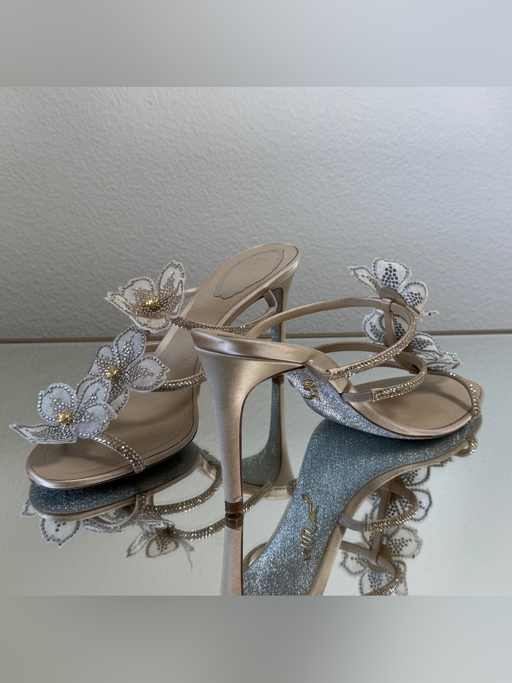 Rene Caovilla Champagne Floral Crystal-Embellished Sandals